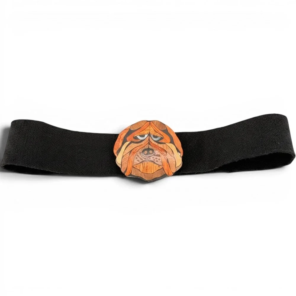 Vintage Artisan Shar-Pei Dog Face Inlay Intarsia Wood Buckle Belt Folk Art Retro